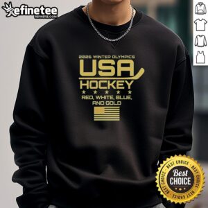 Alt Text: Red, white, and blue USA Hockey sweatshirt for the 2026 Winter Olympics featuring gold accents and a stylish design.