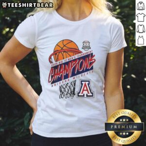 Alt Text: Arizona Wildcats Big 12 Men's Basketball Conference Tournament Champions 2026 logo on a ladies' tee shirt.