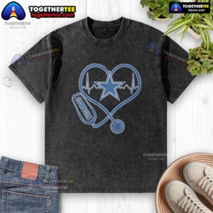 Alt Text: Awesome nurse heartbeat graphic on a Dallas Cowboys logo washed t-shirt for fans and healthcare professionals.