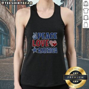 Pretty Peace Love America Tank Top featuring a stylish design with peace symbols and patriotic colors for summer fashion.