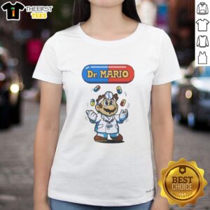 Pretty Dr. Mario juggling colorful pills on a ladies' tee, showcasing a fun and vibrant gaming-inspired design.