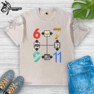 Alt Text: Original Number Compass 67 911 meme washed t-shirt featuring a retro design and soft fabric for casual wear.