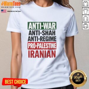 Stylish Iranian ladies' tee featuring anti-war, anti-Shah, and pro-Palestine messages, perfect for activism and casual wear.