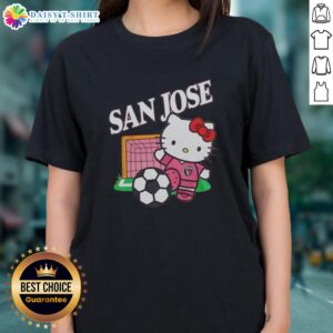 Alt Text: Pretty San Jose Earthquakes x Hello Kitty Night 2026 celebration ladies tee featuring vibrant graphics and playful design.