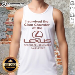 Person wearing an 'I Survived The Clam Chowder' tank top at a Lexus event, showcasing fun and food-themed fashion.