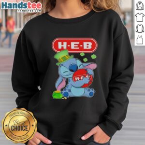 Cute Stitch Hug H-E-B logo St. Patrick's Day sweatshirt featuring festive green design and playful graphics.