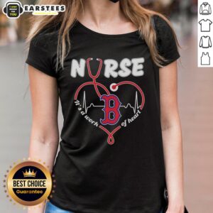 Boston Red Sox MLB nurse tee featuring a stethoscope and 'It's a Work of Heart' design for dedicated fans.