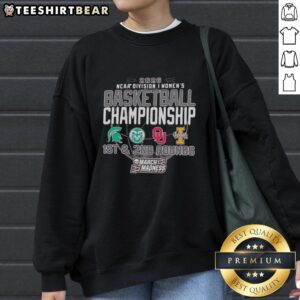 2026 NCAA Division I Women's Basketball Championship sweatshirt featuring Spartans, Colorado, Idaho, and Oklahoma logos.