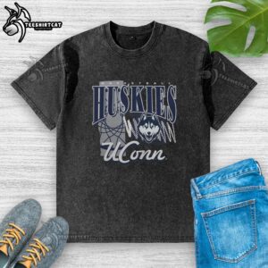 Premium UConn Huskies basketball graphic washed t-shirt featuring the team's logo and vibrant colors.