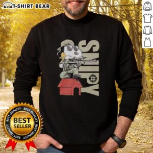 Snoopy sniper and Woodstock sitting on a doghouse sweatshirt, featuring vibrant colors and playful design.