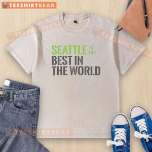 Awesome Seattle is the Best in the World washed t-shirt displayed on a wooden surface, showcasing its unique design.