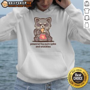 Top Powered By Pure Spite And Snackies Hoodie in black, featuring bold text and a comfortable, casual design.