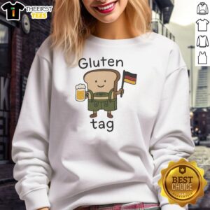 Cozy sweatshirt featuring 'Pretty Gluten' tag, perfect for German bread and beer lovers. Ideal for casual outings.