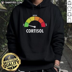 Graphic hoodie featuring cortisol levels: low, medium, and high, perfect for health enthusiasts and stress management.
