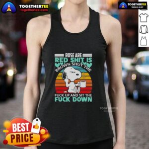 Vintage tank top featuring Snoopy with 'Roses are red, shit is brown' quote, perfect for casual wear and humor lovers.