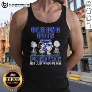 Alt Text: Top The Peanuts Geelong Cats Forever tank top featuring bold team colors and slogan, perfect for fans and game day wear.