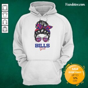 Alt Text: Official Buffalo Bills girl in a messy bun and glasses wearing a cozy hoodie, showcasing team spirit and style.
