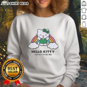 Alt Text: Pretty Happy Hello Kitty Lucky To Be Me Rainbow and Cloud Sweatshirt design with colorful graphics and playful style.