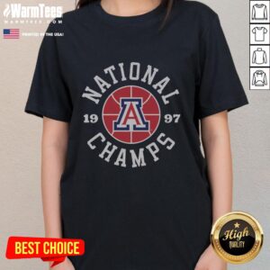 Vintage Arizona Basketball National Champs 1997 ladies tee featuring team colors and logo, perfect for fans.