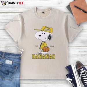 Alt Text: Nice Peanuts Snoopy x Savannah Bananas Est 2016 washed t-shirt featuring iconic Snoopy design for fans.