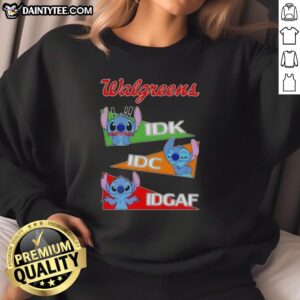 Adorable Cute Stitch x Walgreens sweatshirt featuring 'IDK IDC IDGAF' slogan, perfect for casual outfits.