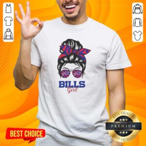 Official Buffalo Bills Girl Messy Bun Glasses T-Shirt showcasing a stylish design for fans of the Buffalo Bills football team.