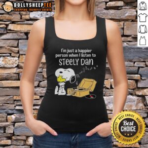 Official Snoopy tank top featuring 'I'm just a happier person when I listen to Steely Dan' design for music lovers.