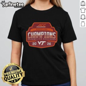 2026 ACC Men's Wrestling Tournament Champions Virginia Tech Hokies Ladies Tee, showcasing team pride and athletic spirit.