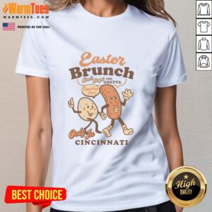 Good Easter Brunch Goetta Egg cartoon design on a ladies tee, perfect for celebrating Easter with style and fun.