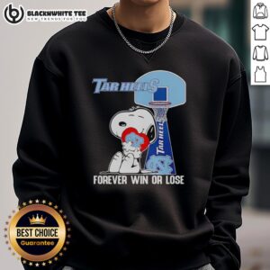Good Snoopy holding a heart with North Carolina Tar Heels logo, showcasing 'Forever Win or Lose' sweatshirt design.