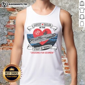 Alt Text: Original Gayest Sailor in the Strait of Hormuz wearing a vibrant tank top, showcasing pride and individuality at sea.