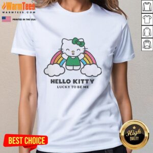 Premium Happy Hello Kitty Lucky To Be Me Rainbow and Cloud Ladies Tee showcasing vibrant colors and playful design.