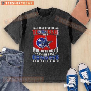 Alt Text: Die-hard Dallas Cowboys fan wearing a washed t-shirt with 'I may live in Tennessee' slogan.