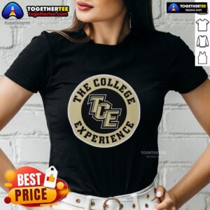 Awesome The College Experience TCE logo on a stylish ladies tee, perfect for college students and alumni.