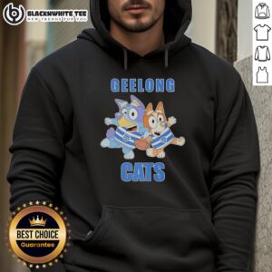 Geelong Cats football fans in awesome Bluey and Bingo hoodies celebrating rugby at a game.