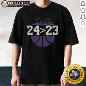 Nice Los Angeles Lakers 24 Over 23 T-Shirt featuring bold graphics, perfect for fans of the Lakers and basketball enthusiasts.