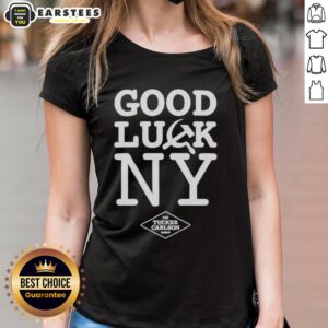 Awesome Good Luck NY Tucker Carlson Show Hammer and Sickle Ladies Tee featuring a bold graphic design and trendy fit.