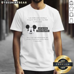 Unlicensed Disney T-shirt featuring Awesome Mickey Mouse playfully stealing a design, showcasing unique artwork.