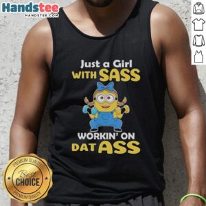 Premium Minion weightlifting tank top featuring 'Just a Girl with Sass' design for fitness enthusiasts and sass lovers.