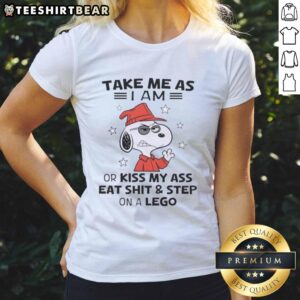 Top Snoopy 'Take Me As I Am or Kiss My Ass' Ladies Tee featuring a playful design with Snoopy and humorous text.