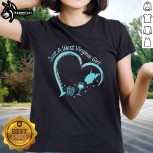 Stylized West Virginia girl tee featuring slippers and wine glass heart design, perfect for proud West Virginians.