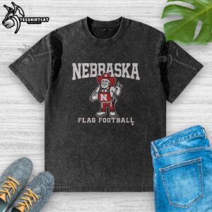 Alt Text: Premium Nebraska Cornhuskers flag football washed t-shirt in red, featuring the team's logo and a comfortable fit.