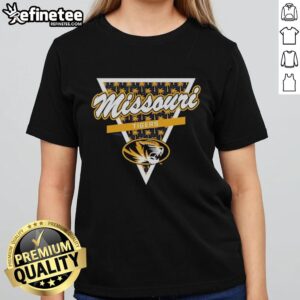 Original Missouri Tigers football ladies tee featuring palm tree pattern inside a triangle logo, perfect for fans.