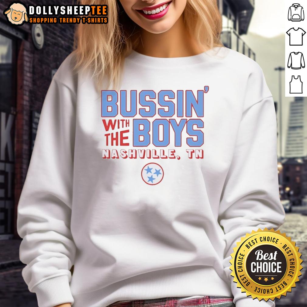 Awesome Bussin' With The Boys Nashville Tn Three Blue Stars Sweatshirt Three blue stars sweatshirt worn by friends in Nashville, TN, showcasing a fun outing with the boys. Awesome Bussin style.