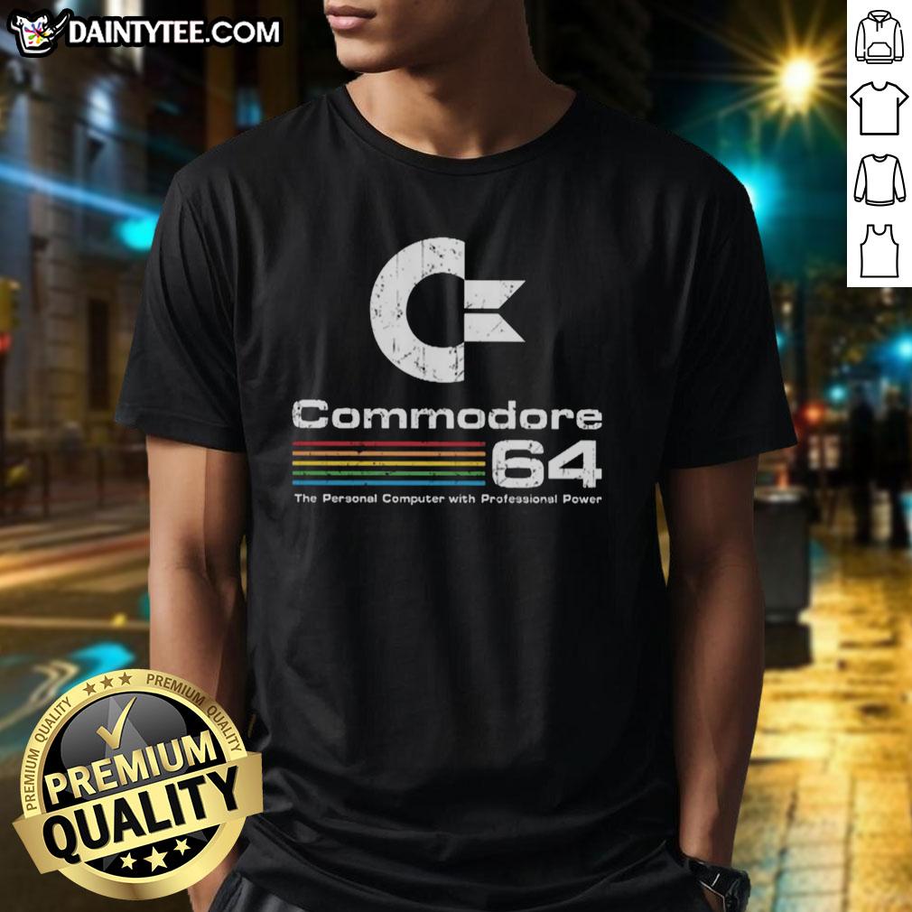 awesome-commodore-64-the-personal-computer-with-professional-power-t-shirt Awesome Commodore 64 T-Shirt featuring a vintage design celebrating the personal computer with professional power.