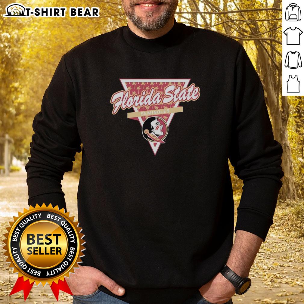 Awesome Florida State Seminoles Baskeball Palm Tree Pattern Inside A Triangle Logo Sweatshirt Alt Text: Awesome Florida State Seminoles basketball sweatshirt featuring a palm tree pattern inside a triangle logo.