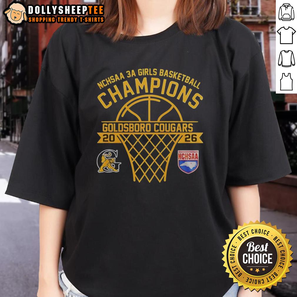 Awesome Goldsboro Cougars Nchsaa 3a Girls Basketball Champions 2026 Curved Ladies-Tee Alt Text: Goldsboro Cougars NCHSAA 3A Girls Basketball Champions 2026 on a stylish curved ladies tee shirt design.