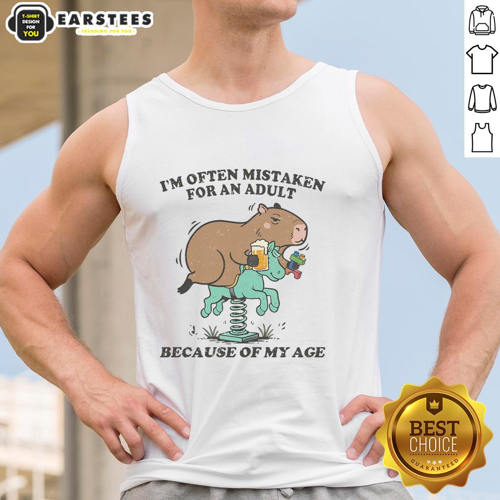 awesome-im-often-mistaken-for-an-adult-because-of-my-age-capybara-tank-top Capybara tank top featuring the phrase 'Awesome, I'm Often Mistaken for an Adult Because of My Age' in bold design.