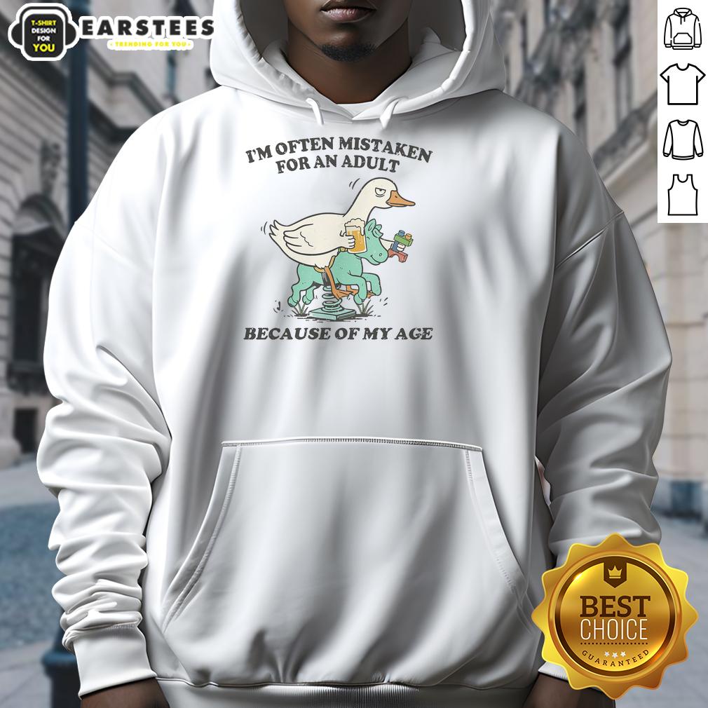 awesome-im-often-mistaken-for-an-adult-because-of-my-age-duck-hoodie Alt Text: Cute duck hoodie design with the phrase 'Awesome, I'm Often Mistaken For An Adult Because Of My Age'