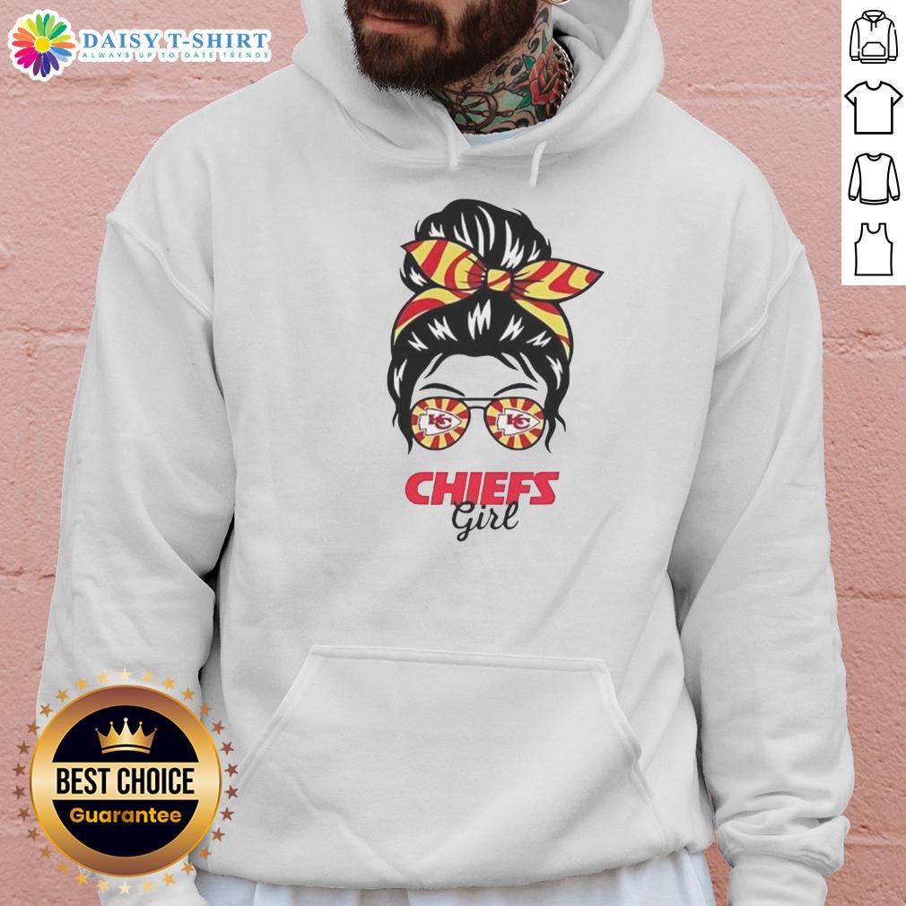 Awesome Kansas City Chiefs Girl Messy Bun Glasses Hoodie Cheerful Kansas City Chiefs girl in a messy bun, wearing glasses and a cozy hoodie, showing team spirit and style.